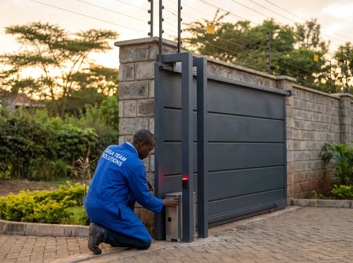 Giga Team technician fitting a sliding gate motor below an electric fence
